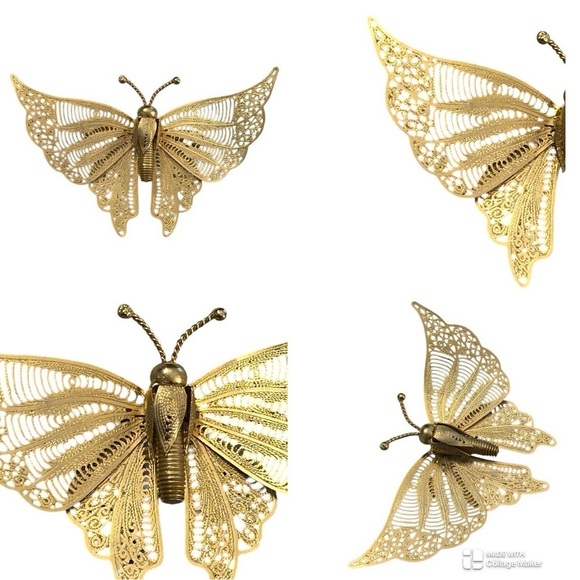 no brand Jewelry - Vintage 1970’s brass filigree butterfly brooch with Articulating wings